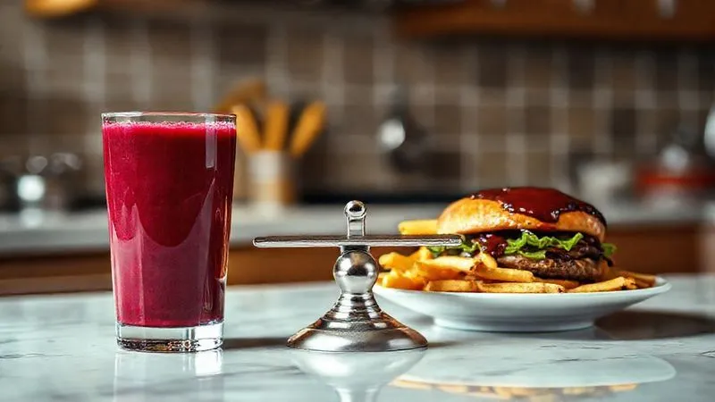 Photorealistic, professional photography, 8K, cinematic lighting, sharp focus, depth of field. A vibrant glass of beet juice sits on one side of a kitchen counter. On the other side, a plate piled with greasy fast food (burger, fries). In the middle, a blurred scale trying to balance them, symbolizing the conflict between healthy and unhealthy choices, with an emphasis on the challenge of a balanced diet.