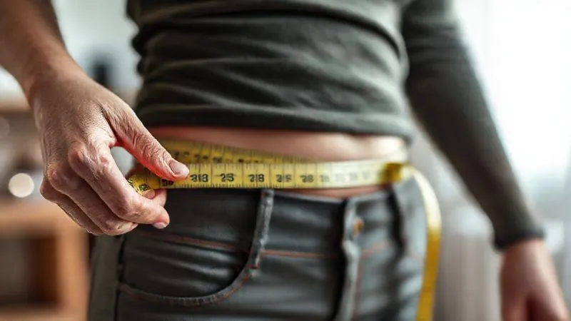 Photorealistic, professional photography, 8K, cinematic lighting, sharp focus, depth of field. A person's hand holds a measuring tape around their waist, showing a noticeable reduction in size. The background is blurred, focusing on the positive change. The scene exudes a sense of quiet accomplishment and satisfaction.