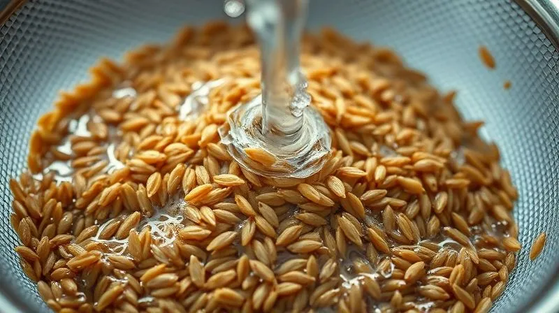 Photorealistic close-up of brown rice grains being rinsed under cold running water in a fine mesh sieve. Water is initially slightly cloudy, then becomes clear. Cinematic lighting, sharp focus on the grains, depth of field blurring the hands. Shot on a high-end DSLR, 8K hyper-detailed, professional photography. Emphasize the process of cleaning and preparing grains for cooking. Consistent kitchen background.