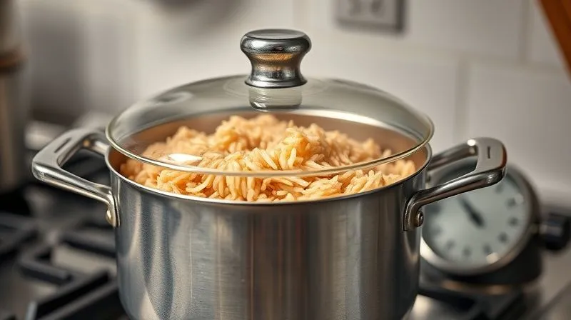 A photorealistic image of a kitchen scene with a steaming pot of brown rice on a stove, covered with a clear glass lid, showing the rice gently simmering. A kitchen timer is prominently displayed nearby, set to a specific time. Cinematic lighting, sharp focus on the pot and timer, depth of field blurring the background. Shot on a high-end DSLR, 8K hyper-detailed, professional photography. Emphasize the controlled cooking environment.