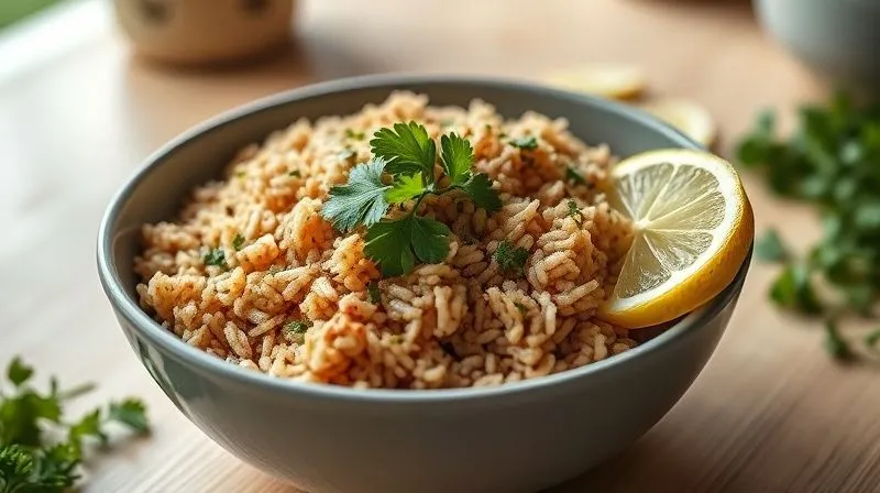 A photorealistic image of a bowl of perfectly cooked, fluffy brown rice, garnished with fresh herbs like parsley and cilantro, and a wedge of lemon. The setting is a bright, clean kitchen table, with natural light. Sharp focus on the rice and garnishes, depth of field blurring the background. Shot on a high-end DSLR, 8K hyper-detailed, professional photography. Emphasize fresh, healthy ingredients and a low-fat approach.