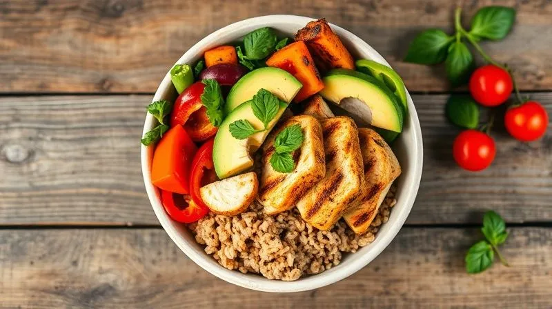 A vibrant, photorealistic top-down shot of a healthy brown rice bowl, filled with colorful fresh vegetables (e.g., bell peppers, avocado, cherry tomatoes), grilled chicken or tofu, and a light dressing. The bowl is placed on a rustic wooden table with natural light. Sharp focus on the food, depth of field blurring the background. Shot on a high-end DSLR, 8K hyper-detailed, professional photography. Emphasize a balanced, low-fat, and visually appealing meal.