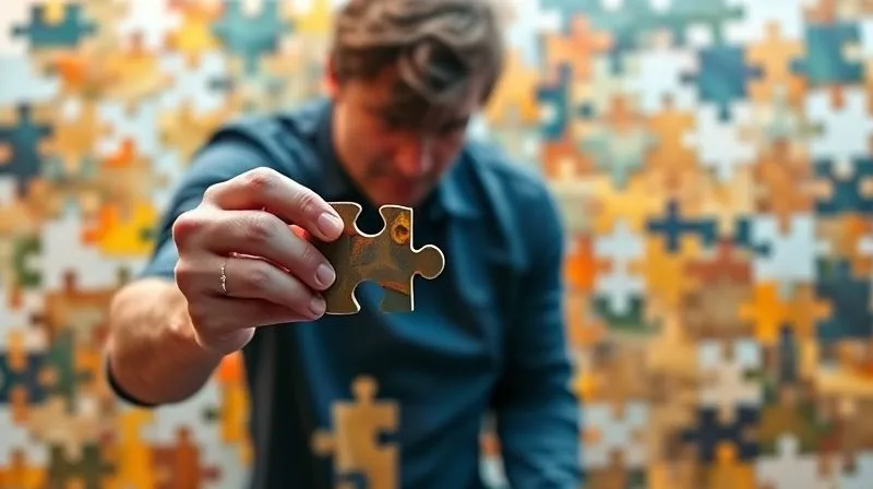Photorealistic image of a person struggling to put together a complex puzzle, with some pieces clearly not fitting, symbolizing a fragmented approach to weight loss. In the background, a complete, balanced puzzle represents a holistic strategy. Cinematic lighting, sharp focus on the puzzle, depth of field. 8K hyper-detailed.