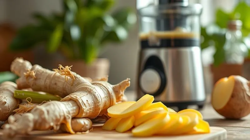 Photorealistic close-up of fresh, vibrant ginger roots being prepared for juicing, with a modern slow juicer in the soft-focused background. Emphasize the texture and color of the ginger, with cinematic lighting and sharp focus. Shot on a high-end DSLR, 8K hyper-detailed.