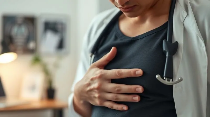 Photorealistic image of a person’s hand gently touching their stomach, with a subtle expression of discomfort or unease. In the background, medical symbols or a blurred doctor's office suggest seeking professional advice. Cinematic lighting, sharp focus on the hand and face, depth of field. Shot on a high-end DSLR, 8K hyper-detailed.