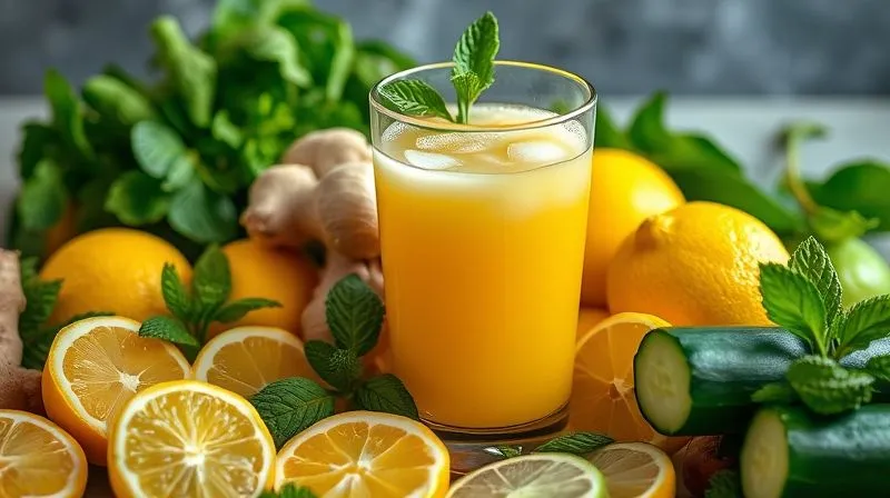 Photorealistic image of various fresh, vibrant ingredients like ginger, lemons, mint, and cucumbers arranged harmoniously around a clear glass of ginger juice. The scene suggests natural synergy and healthy combinations. Cinematic lighting, sharp focus on the ingredients and juice, depth of field. Shot on a high-end DSLR, 8K hyper-detailed.