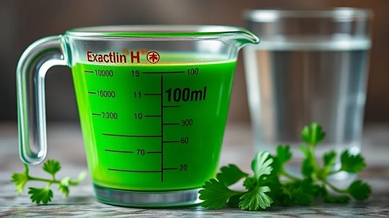 A photorealistic image of a measuring cup with exactly 100ml of vibrant green parsley juice, next to a small bunch of fresh parsley and a glass of water, emphasizing precise dosage and hydration, cinematic lighting, sharp focus, depth of field, 8K hyper-detailed.