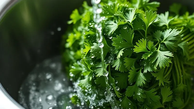 A photorealistic, professional photography image of a large bunch of vibrant, fresh organic parsley being thoroughly washed under clear running water in a kitchen sink, with soft natural light, sharp focus on the water droplets and green leaves, depth of field, 8K hyper-detailed.