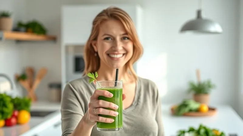 A photorealistic image of a woman in her late 30s, looking happy and energetic, holding a glass of vibrant parsley juice, standing in a bright, modern kitchen with fresh fruits and vegetables on the counter. Cinematic lighting, sharp focus on her face and the juice, depth of field blurring the background, 8K hyper-detailed.