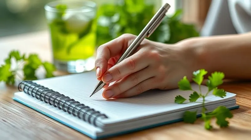 A photorealistic image of a person's hands meticulously writing notes in a beautifully designed healthy lifestyle journal, with a vibrant glass of parsley juice and a few fresh parsley sprigs in the soft-focus background. Cinematic lighting, sharp focus on the journal and pen, depth of field, 8K hyper-detailed.