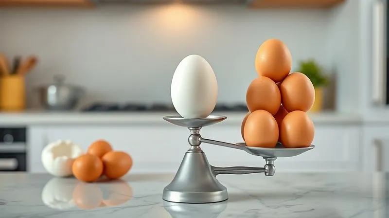 A photorealistic, professional photography, 8K, cinematic lighting, sharp focus, depth of field, shot on a high-end DSLR. A single hard-boiled egg perfectly balanced on a delicate scale, with a stack of many other hard-boiled eggs tipping the other side of the scale downwards, symbolizing too much protein or an imbalance in a keto diet. The background is a clean, minimalist kitchen setting.