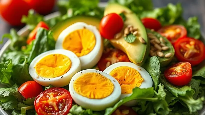 A photorealistic, professional photography, 8K, cinematic lighting, sharp focus, depth of field, shot on a high-end DSLR. A vibrant, colorful keto salad with sliced hard-boiled eggs, fresh green leafy vegetables, avocado, cherry tomatoes, and a sprinkle of seeds. The composition should emphasize freshness and variety, contrasting with a plain, solitary hard-boiled egg in the background, out of focus.