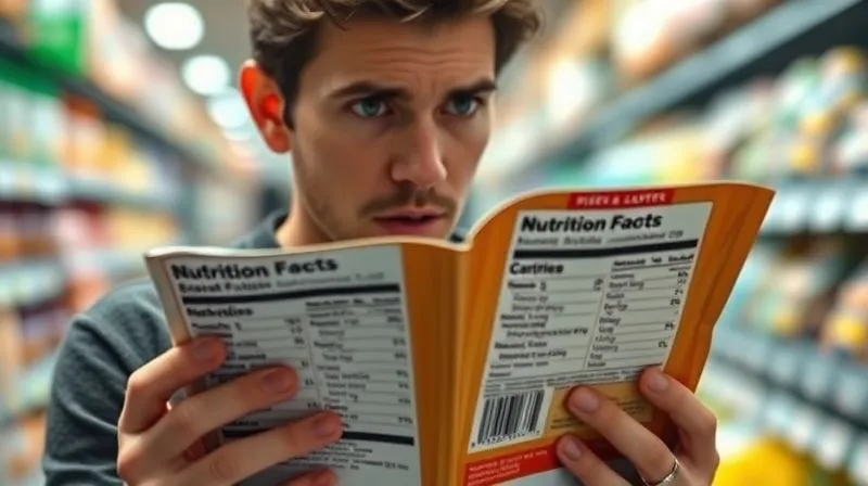 Photorealistic, professional photography, 8K, cinematic lighting, sharp focus, depth of field, shot on a high-end DSLR. A person intently reading a food label on a gluten-free muffin package, looking surprised or concerned by the nutritional information. The label shows exaggerated high sugar and fat content. Soft, natural light emphasizes the person's thoughtful expression. The background is a blurred supermarket aisle, suggesting a common shopping scenario.