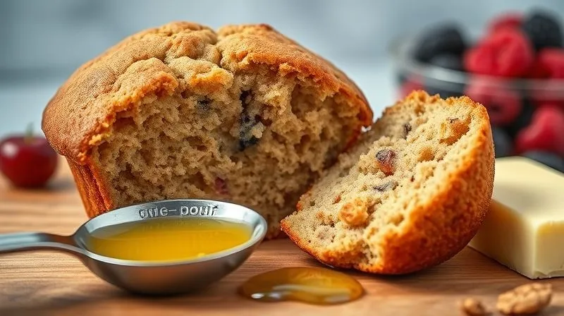 Photorealistic, professional photography, 8K, cinematic lighting, sharp focus, depth of field, shot on a high-end DSLR. A close-up shot of a rich, moist gluten-free muffin cut in half, revealing a slightly greasy texture. Next to it, a measuring spoon overflowing with oil and a stick of butter, visually emphasizing the high fat content. The lighting is soft but highlights the indulgence, contrasting with a subtle background of blurred healthy ingredients like berries or nuts.