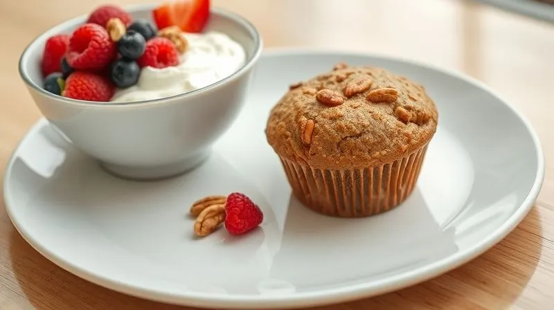 Photorealistic, professional photography, 8K, cinematic lighting, sharp focus, depth of field, shot on a high-end DSLR. A beautifully arranged plate featuring a single, small, healthy gluten-free muffin next to a bowl of Greek yogurt topped with fresh berries and nuts. The muffin is clearly made with whole grains and natural ingredients. The setting is bright and airy, suggesting a healthy breakfast or snack. The focus is on the balanced meal, not just the muffin.