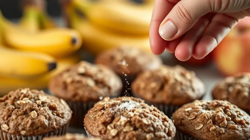 A close-up, photorealistic, professional photography, 8K, cinematic lighting, sharp focus, depth of field image of a hand gently sprinkling a small amount of erythritol over a batch of freshly baked oatmeal muffins, with a backdrop of various natural fruits like bananas and apples. The scene conveys healthy baking and conscious ingredient choices. Shot on a high-end DSLR.