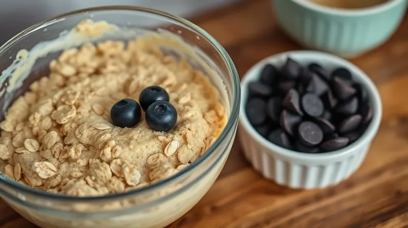 A photorealistic, professional photography, 8K, cinematic lighting, sharp focus, depth of field image of a kitchen counter with a bowl of oatmeal muffin batter, next to which are two small bowls. One bowl contains a modest portion of fresh blueberries, and the other contains a tiny, measured amount of dark chocolate chips. The emphasis is on conscious, controlled additions. Shot on a high-end DSLR.
