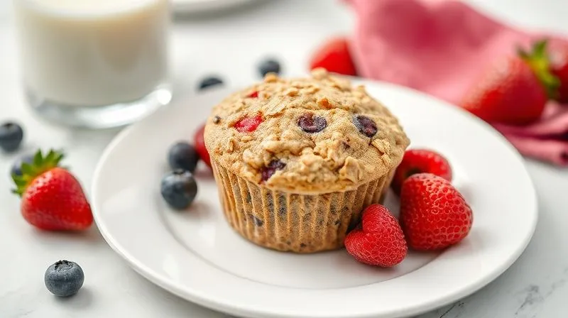 A photorealistic, professional photography, 8K, cinematic lighting, sharp focus, depth of field image of a plate with a single, perfectly portioned oatmeal muffin, surrounded by fresh berries and a small glass of milk. The setting is clean and bright, emphasizing healthy eating and mindful portion control. Shot on a high-end DSLR.