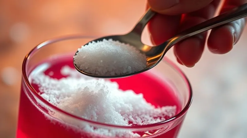 A close-up, photorealistic, professional photography, 8K image of a hand adding a spoonful of white sugar to a vibrant glass of raspberry juice, with cinematic lighting highlighting the sugar crystals. Sharp focus on the sugar and spoon, depth of field blurring the background. Shot on a high-end DSLR, evoking a sense of hidden dangers.