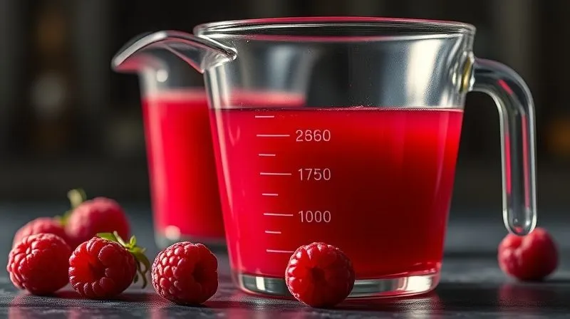 A photorealistic, professional photography, 8K image of a measuring cup next to a glass of raspberry juice, with cinematic lighting. Sharp focus on the measurement lines, depth of field blurring the background. Shot on a high-end DSLR, emphasizing portion control and mindful consumption.