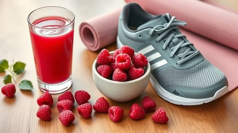 A photorealistic, professional photography, 8K image showing a balanced composition of elements: a glass of raspberry juice, a small plate of whole raspberries, a pair of running shoes, and a yoga mat, all subtly arranged on a wooden table. Cinematic lighting, sharp focus on the central elements, depth of field blurring the background. Shot on a high-end DSLR, symbolizing a holistic approach to health.