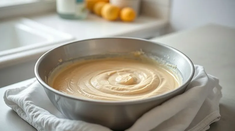 A close-up, photorealistic image of a bowl of protein waffle batter resting on a kitchen counter, covered with a clean kitchen towel. The light is soft and natural, emphasizing a sense of calm and preparation. Shot on a high-end DSLR, 8K hyper-detailed, sharp focus on the bowl, shallow depth of field.