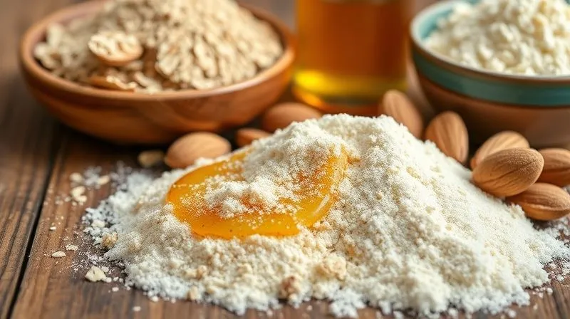 A photorealistic, professional photography image of various healthy flours (oat, almond, coconut) and natural sweeteners (maple syrup, honey, erythritol) beautifully arranged on a rustic wooden table, with soft, natural light, sharp focus on the textures, depth of field blurring the background, 8K hyper-detailed.