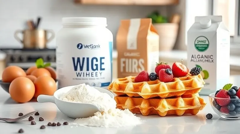 A professional, photorealistic image of high-quality ingredients for protein waffles: a scoop of premium vanilla whey protein powder, fresh organic eggs, a carton of organic almond milk, and a bowl of fresh berries, all arranged on a clean, bright kitchen counter. The lighting is soft and inviting, sharp focus on the ingredients, depth of field blurring the background, 8K hyper-detailed.