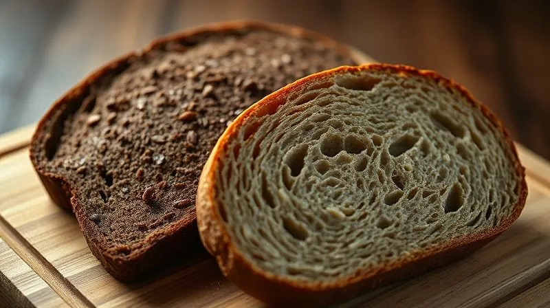 Photorealistic, professional photography, 8K, cinematic lighting, sharp focus, depth of field, shot on a high-end DSLR. A close-up of two slices of bread: one is a dark, misleadingly 'healthy-looking' bread, slightly processed and uniform, while the other is a genuine, rustic whole-grain bread with visible grains and a rich texture, lying on a wooden cutting board. The lighting highlights the texture differences, emphasizing the authenticity of the whole-grain option and the deception of the processed one.