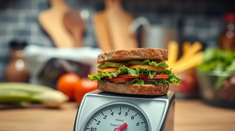 Photorealistic, professional photography, 8K, cinematic lighting, sharp focus, depth of field, shot on a high-end DSLR. A kitchen scale with a single, perfectly portioned diet sandwich on it, highlighting the concept of controlled portions. In the background, out of focus, are larger, more abundant food items, creating a visual metaphor for mindful eating and avoiding overconsumption, emphasizing precision in dietary choices.