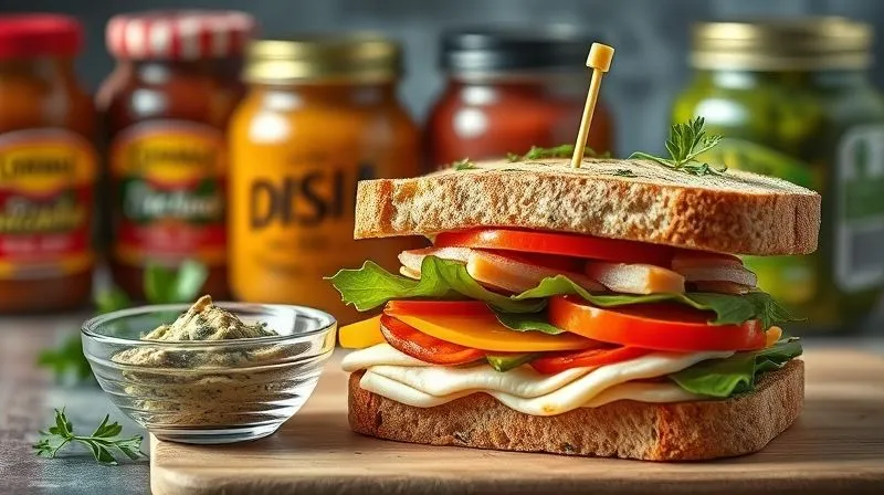 Photorealistic, professional photography, 8K, cinematic lighting, sharp focus, depth of field, shot on a high-end DSLR. A vibrant, fresh diet sandwich with layers of lean protein and colorful vegetables, topped with a homemade herb spread. Next to it, a small, elegant bowl of the healthy spread, contrasting with a blurred, out-of-focus background of generic, processed condiments in jars, symbolizing the choice for healthier, natural options and the benefits of homemade ingredients.