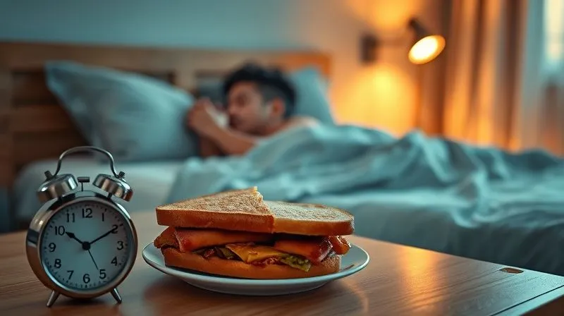 Photorealistic, professional photography, 8K, cinematic lighting, sharp focus, depth of field, shot on a high-end DSLR. A peaceful bedroom scene at dusk, with a soft, warm glow. On a bedside table, a half-eaten, heavy sandwich is left, casting a symbolic shadow over a sleeping figure. In the foreground, a clock shows a very late hour, subtly suggesting the negative impact of late-night eating on rest and well-being and the importance of timing meals.