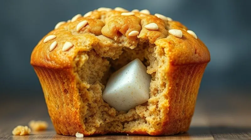 A close-up of a protein muffin with a hidden sugar cube dissolving inside, subtle light play, suggesting a hidden flaw. Photorealistic, professional photography, 8K, cinematic lighting, sharp focus, depth of field, shot on a high-end DSLR.