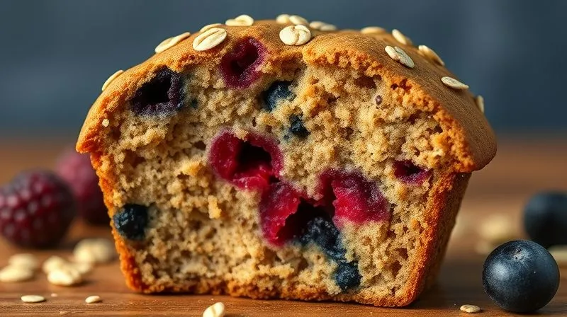 A visually appealing protein muffin cross-section showing visible fibrous ingredients like oats, berries, and chia seeds, emphasizing texture, health, and fullness. Photorealistic, professional photography, 8K, cinematic lighting, sharp focus, depth of field, shot on a high-end DSLR.