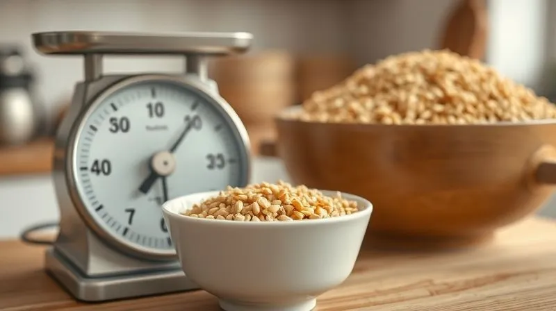 photorealistic, professional photography, 8K, cinematic lighting, sharp focus, depth of field, shot on a high-end DSLR. A close-up of a kitchen scale with a small, perfectly measured portion of cooked spelt (kasza orkiszowa) in a clean white bowl, next to a larger, overflowing bowl of spelt, highlighting the contrast in portion sizes. The background is a minimalist, bright kitchen. Emotion: Control, precision, informed choice.