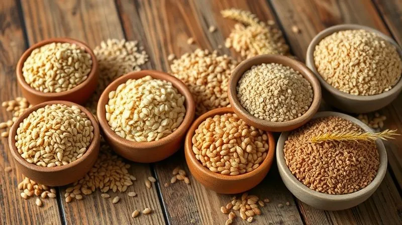 photorealistic, professional photography, 8K, cinematic lighting, sharp focus, depth of field, shot on a high-end DSLR. A vibrant, rustic wooden table filled with various types of healthy grains in separate, small ceramic bowls: spelt (kasza orkiszowa), quinoa, buckwheat, millet, and brown rice. Each grain is distinct and colorful, emphasizing variety and abundance. The lighting is warm and inviting. Emotion: Abundance, health, choice, diversity.