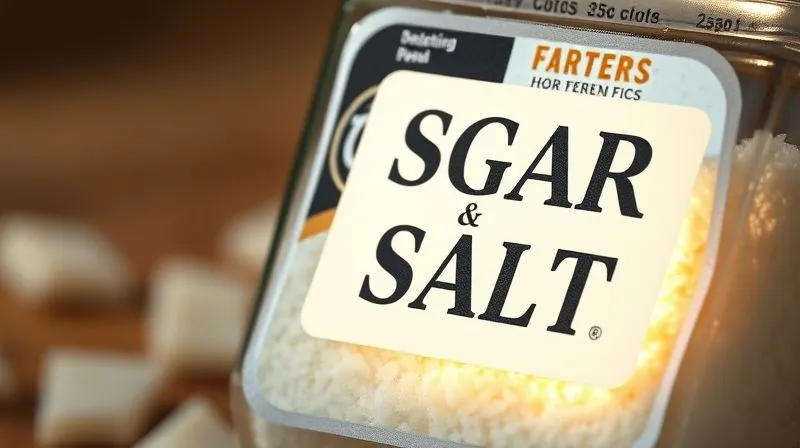 Photorealistic close-up of a food label with highlighted sugar and salt content, shot with sharp focus and cinematic lighting, depth of field blurring the background of a rice cake. 8K, professional photography.