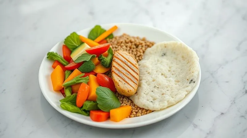 Photorealistic, professional photography, 8K, cinematic lighting, sharp focus, depth of field, shot on a high-end DSLR of a balanced plate with colorful vegetables, lean protein, and a small portion of whole grains, contrasting with a single, plain rice cake on the side, symbolizing a poor meal replacement choice. The scene evokes healthy eating decisions.