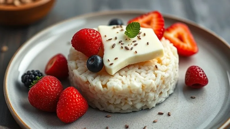A detailed, photorealistic image of a perfectly balanced rice cake snack: one rice cake topped with cottage cheese, fresh berries, and a sprinkle of chia seeds, beautifully arranged on a minimalist plate. Cinematic lighting emphasizes the textures and colors. 8K, professional photography, sharp focus, depth of field.