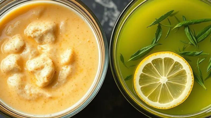 Photorealistic image of two bowls of marinade side-by-side. One bowl contains a creamy, thick, yellowish marinade with visible chunks of sugar. The other bowl contains a light, vibrant green marinade with fresh herbs, lemon slices, and a clear, minimal amount of olive oil. Cinematic lighting, sharp focus, depth of field, 8K.