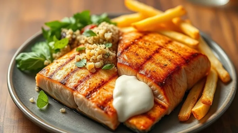 Photorealistic image of a dinner plate divided into two halves. One half features a perfectly grilled salmon fillet with a vibrant, fresh salad with light vinaigrette and quinoa. The other half features an identical grilled salmon fillet but with a side of greasy french fries and a dollop of creamy, heavy sauce. Cinematic lighting, sharp focus, depth of field, 8K, professional photography.