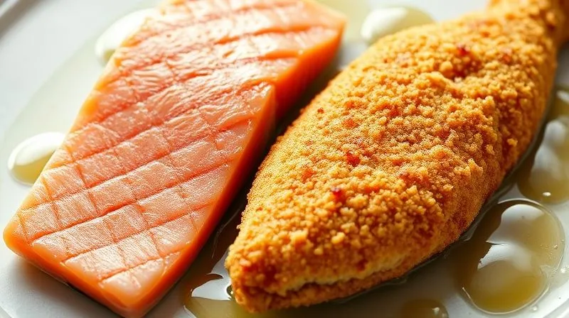 Photorealistic image of two fish fillets. One is a raw salmon fillet, clearly showing the marbling of healthy omega-3 fats. The other is a deep-fried, heavily breaded fish fillet dripping with oil, visually representing unhealthy added fats. Cinematic lighting, sharp focus, depth of field, 8K, professional photography.
