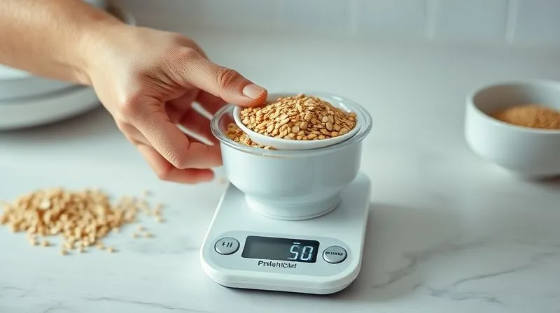 Photorealistic, professional photography, 8K, cinematic lighting, sharp focus, depth of field, shot on a high-end DSLR. A human hand carefully measuring a portion of dry groats into a small bowl using a digital kitchen scale, emphasizing precision and portion control in a minimalist, clean kitchen setting.