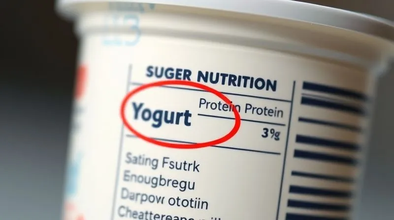 Photorealistic, professional photography, 8K, cinematic lighting, sharp focus, depth of field, shot on a high-end DSLR. A close-up shot of a yogurt container's nutrition label, with the 'Sugar' and 'Protein' content clearly highlighted or encircled, emphasizing the importance of reading labels for healthy choices.