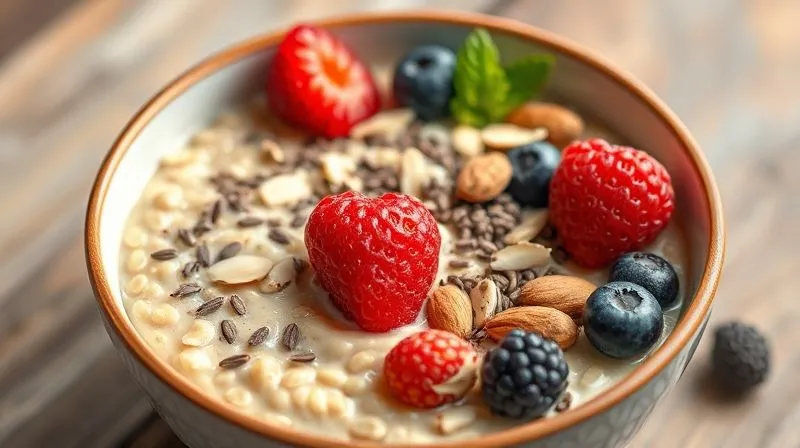 Photorealistic, professional photography, 8K, cinematic lighting, sharp focus, depth of field, shot on a high-end DSLR. A vibrant, colorful bowl of creamy groats with yogurt, topped with a diverse array of healthy ingredients: fresh berries, a sprinkle of chia seeds, a few slivered almonds, and a touch of cinnamon, showcasing a perfectly balanced and visually appealing meal for weight loss.