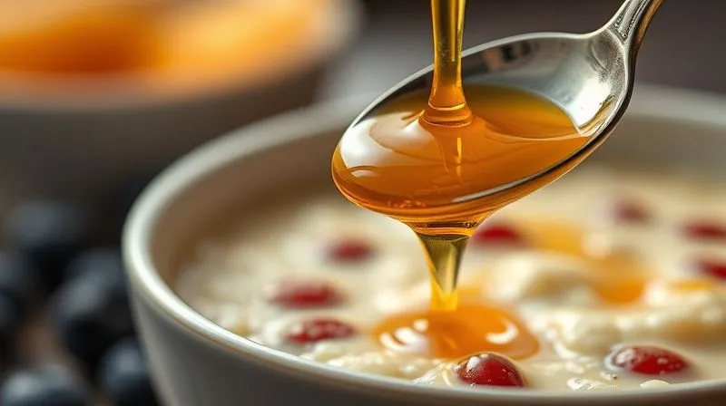 A close-up, photorealistic shot of a spoonful of thick, golden syrup slowly dripping into a bowl of fruit porridge, highlighting the excessive sweetness. The background is slightly blurred, focusing on the sticky, glistening syrup. 8K, cinematic lighting, sharp focus, depth of field, shot on a high-end DSLR.