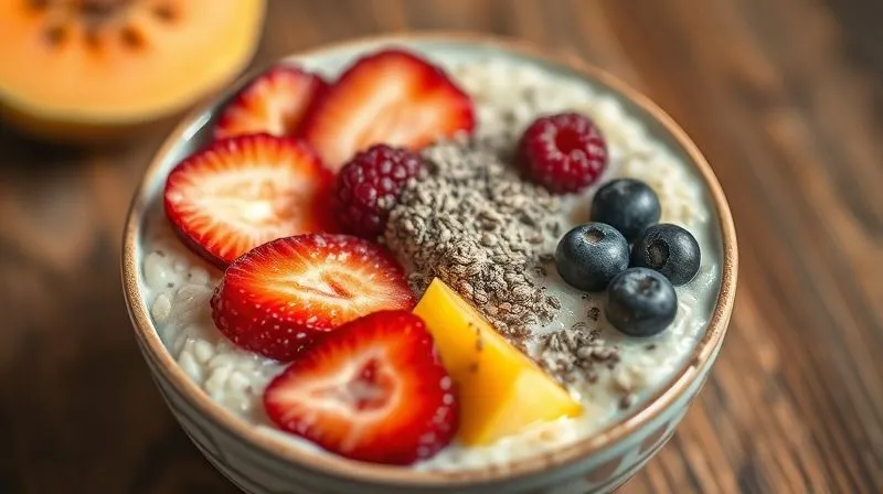 A photorealistic, perfectly balanced bowl of fruit porridge with visible layers of grains, fresh fruits, and a sprinkle of protein powder or chia seeds, emphasizing healthy proportions and a sense of nourishment. 8K, cinematic lighting, sharp focus, depth of field, shot on a high-end DSLR.