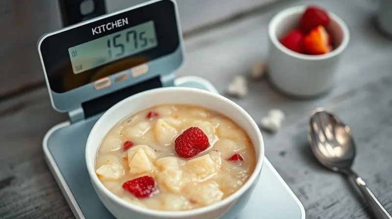 A close-up, photorealistic shot of a modern digital kitchen scale with a bowl of fruit porridge precisely measured, emphasizing portion control and accuracy. A measuring spoon and cup are visible nearby. 8K, cinematic lighting, sharp focus, depth of field, shot on a high-end DSLR.