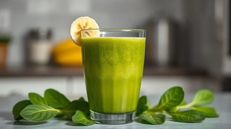 A photorealistic, professional photography, 8K image of a vibrant green smoothie in a clear glass, with a single, perfectly ripe but small banana slice gently placed on the rim, and a handful of fresh spinach leaves scattered around the base. Cinematic lighting, sharp focus on the smoothie and ingredients, depth of field blurring a minimalist kitchen background. Shot on a high-end DSLR.