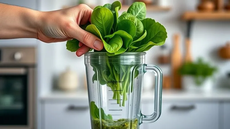 A photorealistic, professional photography, 8K image of a hand adding a large handful of fresh, vibrant green spinach leaves into a high-speed blender, which already contains some clear liquid and a few other green ingredients. Cinematic lighting, sharp focus on the spinach and blender, depth of field blurring a modern kitchen background. Shot on a high-end DSLR.
